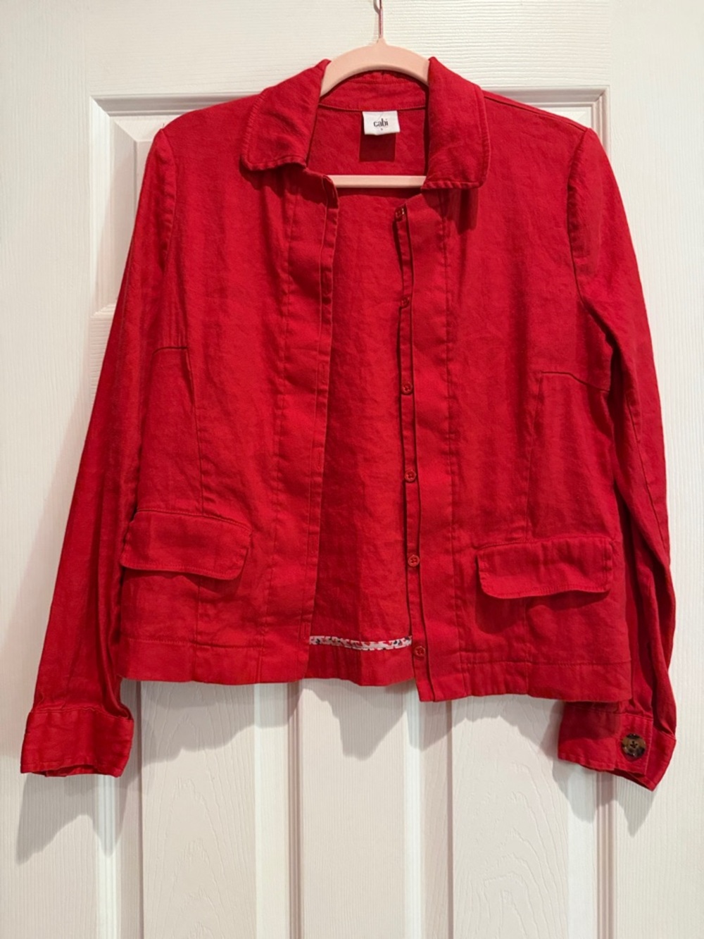 CAbi Vibrant Red Linen-Blend Button Jacket